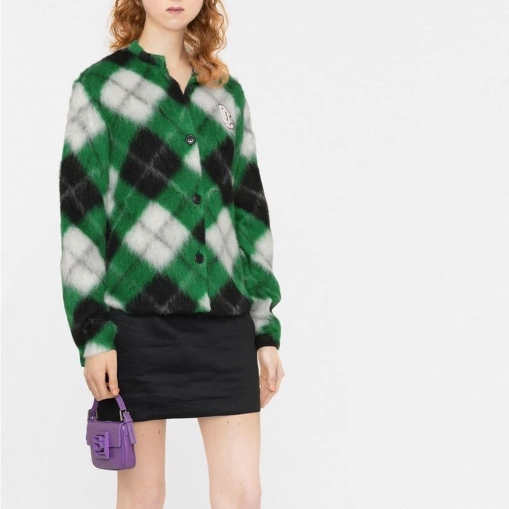 Opening Ceremony logo patch green argyle mohair cardigan
